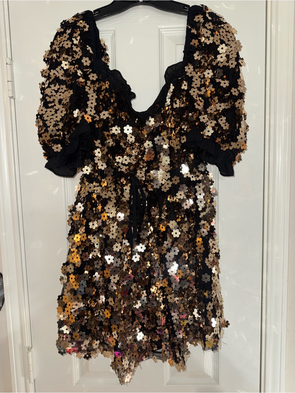 Black Sequin Floral Mini Dress with Gold & Flower Sequins